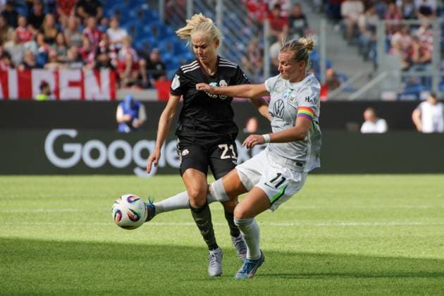 30 08 2025, xgrfx, Football DFB Supercup Women 2025, FC Bayern Munich VfL Wolfsburg v l Pernille Harder FC Bayern Munich , Alexandra Popp VfL Wolfsburg DFL DFB REGULATIONS PROHIBIT ANY USE OF PHOTOGRAPHS as IMAGE SEQUENCES and or QUASI VIDEO Karlsruhe