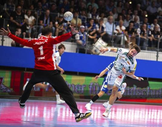 DAIKIN HBL HANDBALL MEN 1 BL 1 GAME DAY THSV EISENACH SC DHFK LEIPZIG FOR EDITORIAL PURPOSES ONLY p 30 08 2025 Eisenach DAIKIN HBL Handball 1 Bundesliga Men Season 2025 2026 1 Matchday Werner Assmann Halle ThSV Eisenach SC DHfK Leipzig in photo Lukas Binder 11 SC DHfK Leipzig in duel with goalkeeper Matija Spikic 1 ThSV Eisenach Germany Thuringia Eisenach Copyright SaschaxFromm Copyright: SaschaxFromm doc826lglmi2dipohof3ww ,EDITORIAL USE ONLY Copyright: SaschaxFromm