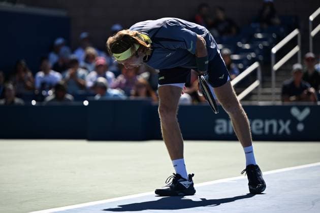 (250831) -- NEW YORK, Aug. 31, 2025 -- Andrey Rublev of Russia celebrates scoring during the men s singles third round match against Coleman Wong of China s Hong Kong at the 2025 US Open tennis championships in New York, the United States, Aug. 30, 2025. ) (SP)U.S.-NEW YORK-TENNIS-US OPEN-MEN S SINGLES-RUBLEV VS WONG LixRui 