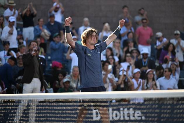 (250831) -- NEW YORK, Aug. 31, 2025 -- Andrey Rublev of Russia celebrates after winning the men s singles third round match against Coleman Wong of China s Hong Kong at the 2025 US Open tennis championships in New York, the United States, Aug. 30, 2025. ) (SP)U.S.-NEW YORK-TENNIS-US OPEN-MEN S SINGLES-RUBLEV VS WONG LixRui 