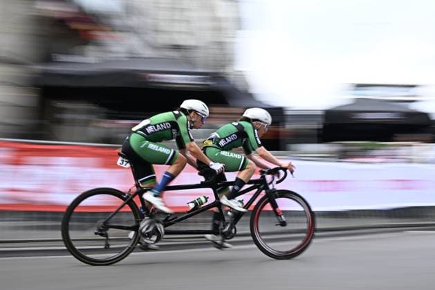 Ireland Katie-George Dunlevy and pilot Linda Kelly (WB) pictured in action during the road race at the UCI Para-cycling Road World Championships, Sunday 31 August 2025, in Ronse. The UCI Para-Cycling Road World Championships take place from 28 to 31 Augustus in Ronse. JASPERxJACOBS  x132917121x
