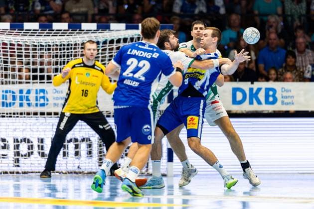 30 08 2025, GER, Handball, Men, Season 25 26, Daikin 1 Bl, 1 Matchday ThSV Eisenach SC DHfK Leipzig Max Beneke ThSV Eisenach,9 Lukas Binder SC DHfK Leipzig Marko Mamic SC DHfK Leipzig 99817 Eisenach Werner Assmann Halle Am Sportp Thueringen Germany