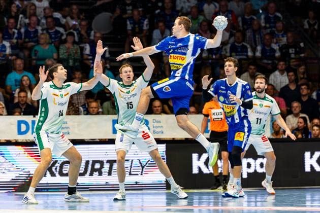30 08 2025, GER, Handball, Men, Season 25 26, Daikin 1 Bl, 1 Matchday ThSV Eisenach SC DHfK Leipzig Marko Mamic SC DHfK Leipzig Adam Loenn SC DHfK Leipzig Max Beneke ThSV Eisenach,9 99817 Eisenach Werner Assmann Halle Am Sportp Thueringen Germany