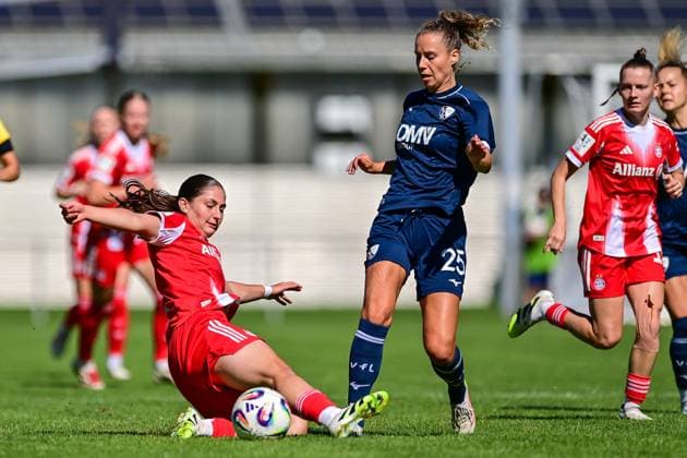 v li Elira Terakaj FCB, 7 Leana Zaugg Bochum, 25 in duel, duel, tackle, dynamic, action, action, 31 08 2025, Aschheim Germany , Soccer,2 Women Bundesliga, FC Bayern Munich II VfL Bochuim, DFB DFL REGULATIONS PROHIBIT ANY USE OF PHOTOGRAPHS AS IMAGE SEQUENCES AND OR QUASI VIDEO xslx