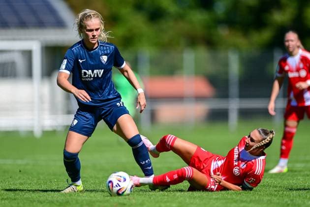 v li Cecilia Way Bochum, 11 Jana Kappes FCB, 20 in duel, duel, tackle, dynamic, action, action, 31 08 2025, Aschheim Germany , Soccer,2 Women Bundesliga, FC Bayern München II VfL Bochuim, DFB DFL REGULATIONS PROHIBIT ANY USE OF PHOTOGRAPHS AS IMAGE SEQUENCES AND OR QUASI VIDEO xslx