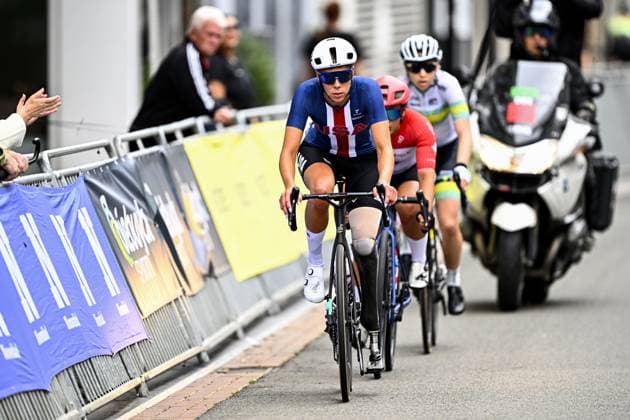 United States Grace Norman (WC4) pictured in action during the UCI Para-cycling Road World Championships, Sunday 31 August 2025, in Ronse. The UCI Para-Cycling Road World Championships take place from 28 to 31 Augustus in Ronse. JASPERxJACOBS  x132921647x