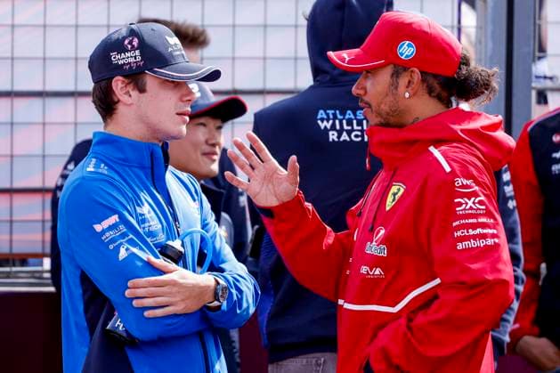 Drivers Parade Franco Colapinto of Argentina and BWT Alpine F1 Team and Lewis Hamilton of the United Kingdom and Scuderia Ferrari HP F1 Team during the Formula 1 Heineken Dutch Grand Prix 2025 on Day 3 at Circuit Zandvoort on August 31, 2025 in Zandvoort, Netherlands Photo by Marcel ter Bals DeFodi Images