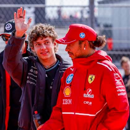 Drivers Parade Andrea Kimi Antonelli of Italy and Mercedes AMG Petronas F1 Team wave and Lewis Hamilton of the United Kingdom and Scuderia Ferrari HP F1 Team looks on during the Formula 1 Heineken Dutch Grand Prix 2025 on Day 3 at Circuit Zandvoort on August 31, 2025 in Zandvoort, Netherlands Photo by Marcel ter Bals DeFodi Images