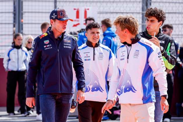 Drivers Parade Max Verstappen of the Netherlands and Oracle Red Bull Racing and Isack Hadjar of France and Visa Cash App Racing Bulls and Liam Lawson of New Zealand and Visa Cash App Racing Bulls and Gabriel Bortoleto of Brazil and Stake F1 Team Kick Sauber looks on during the Formula 1 Heineken Dutch Grand Prix 2025 on Day 3 at Circuit Zandvoort on August 31, 2025 in Zandvoort, Netherlands Photo by Marcel ter Bals DeFodi Images