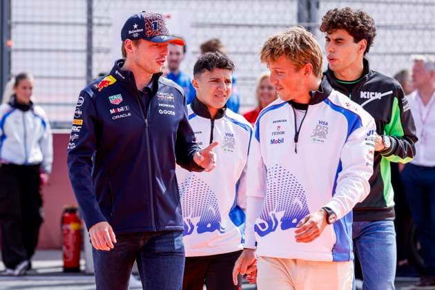 Drivers Parade Max Verstappen of the Netherlands and Oracle Red Bull Racing and Isack Hadjar of France and Visa Cash App Racing Bulls and Liam Lawson of New Zealand and Visa Cash App Racing Bulls and Gabriel Bortoleto of Brazil and Stake F1 Team Kick Sauber looks on during the Formula 1 Heineken Dutch Grand Prix 2025 on Day 3 at Circuit Zandvoort on August 31, 2025 in Zandvoort, Netherlands Photo by Marcel ter Bals DeFodi Images