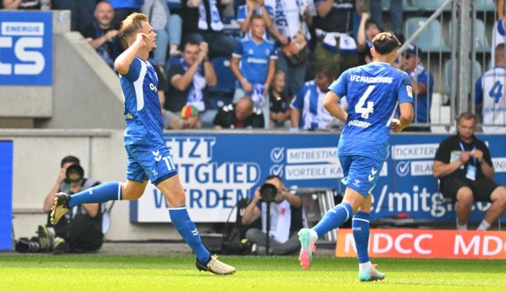 31 08 2025 Soccer Season 2025 2026 2 Soccer Bundesliga 04 Matchday 1 FC Magdeburg FCM SpVgg Greuther Fürth Kleeblatt Sportfoto Zink xwoxzix DFL regulations prohibit any use of photographs as image sequences and or quasi video only for editorial use Torjubel Jubel Freude nach Treffer Tor Torschuß zum 1 1 durch Alexander Ahl Holmström 11, 1 FC Magdeburg FCM