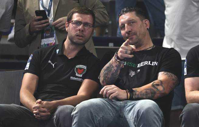 Coach Jaron Siewert, Sports Director Stefan Kretzschmar Upper body action Sport Handball HBL Bundesliga Men 1 Matchday Season 2025 2026 31 08 2025 Füchse Berlin vs Bergischer HC
