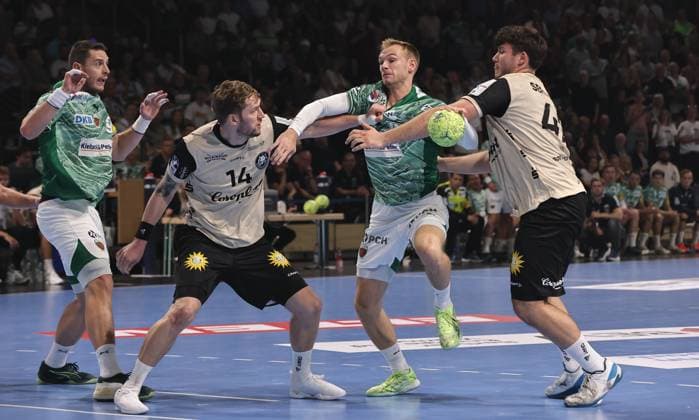 Gerdas Babarskas, Mathias Gidsel on the ball, Aron Seesing duel Game scene Action Sport Handball HBL Bundesliga Men 1 Matchday Season 2025 2026 31 08 2025 Füchse Berlin vs Bergischer HC