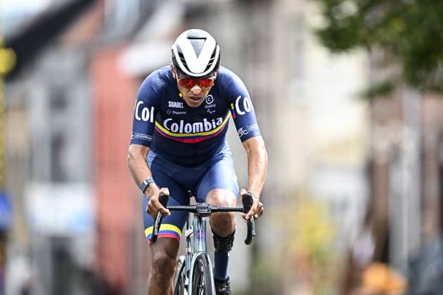 Colombia Diego German Duenas Gomez (MC4) pictured in action during the UCI Para-cycling Road World Championships, Sunday 31 August 2025, in Ronse. The UCI Para-Cycling Road World Championships take place from 28 to 31 Augustus in Ronse. JASPERxJACOBS  x132937541x