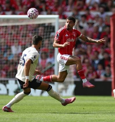Nottingham Forest v West Ham United Premier League Morgan Gibbs-White of Nottingham Forest heads the ball past Konstantinos Mavropanos of West Ham United during the Premier League match at the City Ground, Nottingham UK Newspapers OUT Copyright: xAndyxSumnerx FIL-22166-0025