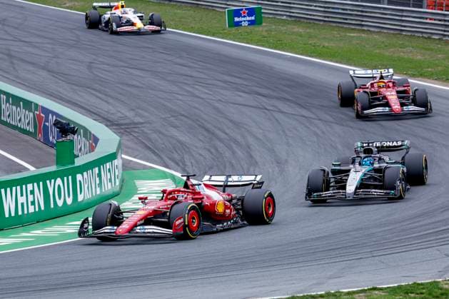 Charles Leclerc of Monaco and Scuderia Ferrari HP F1 Team and George Russell of the United Kingdom and Mercedes AMG Petronas F1 Team and Lewis Hamilton of the United Kingdom and Scuderia Ferrari HP F1 Team and Liam Lawson of New Zealand and Visa Cash App Racing Bulls during the Formula 1 Heineken Dutch Grand Prix 2025 on Day 3 at Circuit Zandvoort on August 31, 2025 in Zandvoort, Netherlands Photo by Marcel ter Bals DeFodi Images