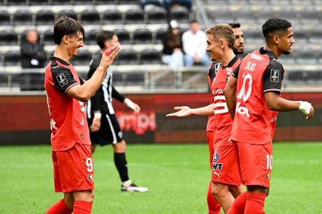 Angers SCO v Stade Rennais FC - Ligue 1 McDonald s 2025 2026 10 Ludovic BLAS (srfc) - 21 Valentin RONGIER (srfc) - 09 Esteban LEPAUL (srfc) during the Ligue 1 McDonald s match between Angers and Rennes at Stade Raymond Kopa on August 31, 2025 in Angers, France. Angers France  Copyright: xFEPx 776348120