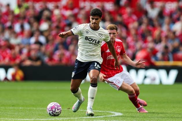 Nottingham, England, 31st August 2025. Mateus Fernandes of West Ham United in action during the Nottingham Forest vs West Ham United Premier League match at the City Ground, Nottingham. Picture credit should read: James Baylis Sportimage EDITORIAL USE ONLY. No use with unauthorised audio, video, data, fixture lists, club league logos or live services. Online in-match use limited to 120 images, no video emulation. No use in betting, games or single club league player publications. SPI_033_JB_Forest_WestHam SPI-4100-0033