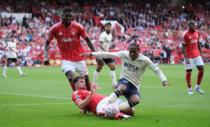 Neco Williams of Nottingham Forest and Aaron Wan Bissaka of West Ham Utd seen in action during the Premier league football match between Nottingham Forest and West Ham Utd at City Ground in Nottingham. Copyright: xPaulxBonser SportsxPressxPhotox Sportspressphoto_SPR18980