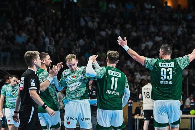 31 08 2025, xlakx, Handball Daikin HBL, Fuechse Berlin Bergischer HC v l Fabian Wiede Fuechse Berlin , Mathias Gidsel Fuechse Berlin , Lasse Andersson Fuechse Berlin , Mijajlo Marsenic Fuechse Berlin Jubel, Torjubel, jubelt über das Tor, celebrate the goal, celebration Berlin Daniel Lakomski