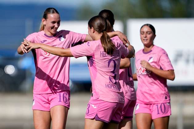 from left Rieke Jungebloed TSG II, 16 , goal scorer Marlen Helmstetter TSG II, 3 , Sara Sahiti TSG II, 10 , players of TSG 1899 Hoffenheim II U20 , celebrate the goal to 1 0, jubilation, goal celebration, celebrate the goal, goal, celebration, cheers about the goal, rejoicing, joy, rejoices, optimistic, positive, game scene, highlight, Action, Action, 31 08 2025, St Leon Rot Germany , Soccer, Women, Regionalliga Süd, TSG 1899 Hoffenheim U20 SpVgg Greuther Fürth, 31 08 2025, St Leon Rot Germany , Soccer, Women, Regionalliga Süd, TSG 1899 Hoffenheim U20 SpVgg Greuther Fürth, DFB DFL REGULATIONS PROHIBIT ANY USE OF PHOTOGRAPHS AS IMAGE SEQUENCES AND OR QUASI VIDEO xozx