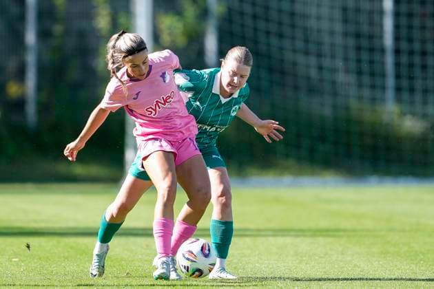 v li Christina Alp TSG II, 18 , Judith Gruber Fürth, 24 , duel, duel, tackle, tackling, dynamics, action, action, 31 08 2025, St Leon Rot Germany , Football, Women, Regionalliga Süd, TSG 1899 Hoffenheim U20 SpVgg Greuther Fürth, 31 08 2025, St Leon Rot Germany , Soccer, Women, Regionalliga Süd, TSG 1899 Hoffenheim U20 SpVgg Greuther Fürth, DFB DFL REGULATIONS PROHIBIT ANY USE OF PHOTOGRAPHS AS IMAGE SEQUENCES AND OR QUASI VIDEO xozx