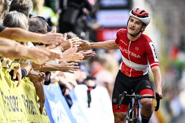 Austria Franz-Josef Lasser (MC5) crosses the finish line of the UCI Para-cycling Road World Championships, Sunday 31 August 2025, in Ronse. The UCI Para-Cycling Road World Championships take place from 28 to 31 Augustus in Ronse. JASPERxJACOBS  x132948907x