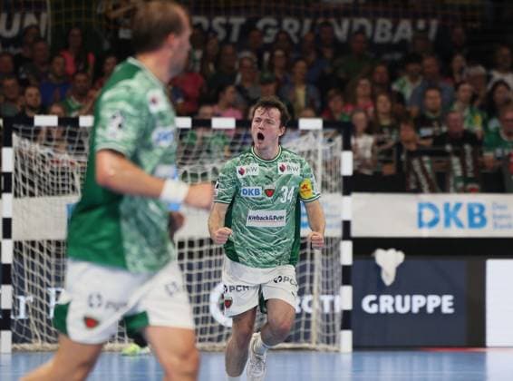 GER HBL season 2025 2026 FÜCHSE Berlin vs Bergischer HC, 31 08 25, Max Schmeling Halle, Berlin, Hakun WEST AV TEIGUM Füchse Berlin 34 cheers after scoring, emotion, scream