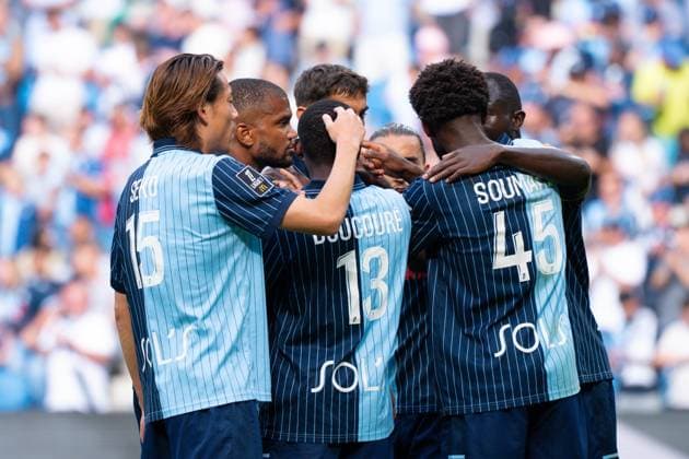 FOOTBALL : Le Havre vs Nice - Ligue 1 - 31 08 2025 Fode Doucoure ( 13 - Le Havre ) celebrates with teammates during the Ligue 1 match between Havre AC and OGC Nice at Stade Oceane on August 31, 2025 in Le Havre, France. ( Photo by Federico Pestellini PsnewZ ) - Le HavreFrance  Copyright: xFedericoxPestellinix