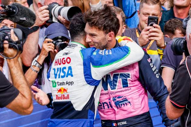 P3 finisher Isack Hadjar of France and Visa Cash App Racing Bulls is congratulated by Pierre Gasly of France and BWT Alpine F1 Team during the Formula 1 Heineken Dutch Grand Prix 2025 on Day 3 at Circuit Zandvoort on August 31, 2025 in Zandvoort, Netherlands Photo by Marcel ter Bals DeFodi Images