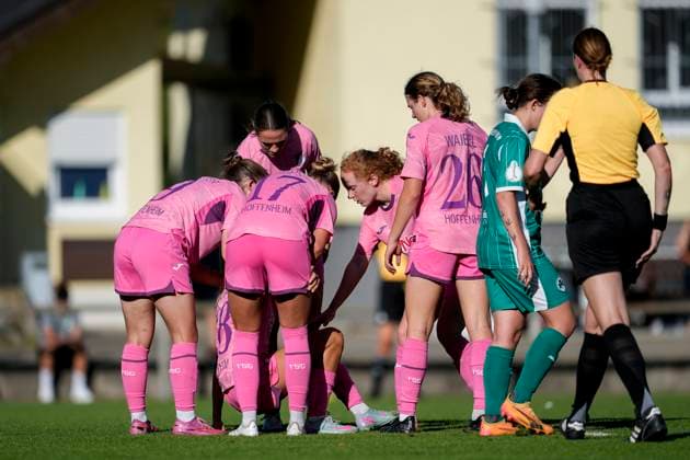 TSG 1899 Hoffenheim II U20 players, celebrate the goal, celebrate the goal, goal, celebration, cheer, cheers about the goal, rejoice, joy, rejoicing, optimistic, positive, match scene, highlight, action, action, 31 08 2025, St Leon Rot Germany , Soccer, Women, Regionalliga Süd, TSG 1899 Hoffenheim U20 SpVgg Greuther Fürth, 31 08 2025, St Leon Rot Germany , Soccer, Women, Regionalliga Süd, TSG 1899 Hoffenheim U20 SpVgg Greuther Fürth, DFB DFL REGULATIONS PROHIBIT ANY USE OF PHOTOGRAPHS AS IMAGE SEQUENCES AND OR QUASI VIDEO xozx