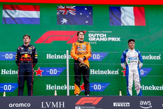 podium ceremony, second Max Verstappen of the Netherlands and Oracle Red Bull Racing and winner Oscar Piastri of Australia and McLaren F1 Team and third Isack Hadjar of France and Visa Cash App Racing Bulls during the Formula 1 Heineken Dutch Grand Prix 2025 on Day 3 at Circuit Zandvoort on August 31, 2025 in Zandvoort, Netherlands Photo by Marcel ter Bals DeFodi Images