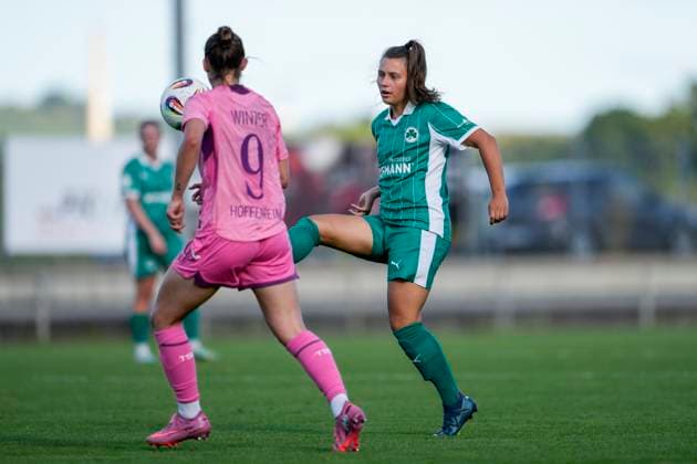 v li Tala Mia Winter TSG II, 9 , Nadja Sophie Schlossarek Fürth, 17 , duel, duel, tackle, tackling, dynamics, action, action, 31 08 2025, St Leon Rot Germany , Football, Women, Regionalliga Süd, TSG 1899 Hoffenheim U20 SpVgg Greuther Fürth, 31 08 2025, St Leon Rot Germany , Soccer, Women, Regionalliga Süd, TSG 1899 Hoffenheim U20 SpVgg Greuther Fürth, DFB DFL REGULATIONS PROHIBIT ANY USE OF PHOTOGRAPHS AS IMAGE SEQUENCES AND OR QUASI VIDEO xozx