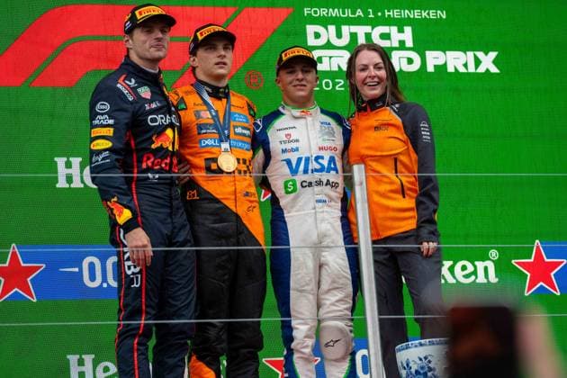Max Verstappen 1, Oracle Red Bull Racing, Oscar Piastri 81, McLaren Formula 1 Team, Isack Hadjar, 6, Visa Cash App RB Formula One Team, Laura Bowden, CFO McLaren, Award Ceremony, Dutch Grand Prix, Motorsport, Men, Formula 1, 31 08 2025 Zandvoort Netherlands Netherlands Copyright: xkolbert-press MartinxWdziecznyx