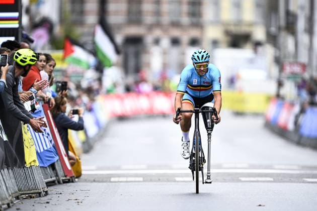 Belgium Jasper Dejonghe (MC3) pictured in action during the UCI Para-cycling Road World Championships, Sunday 31 August 2025, in Ronse. The UCI Para-Cycling Road World Championships take place from 28 to 31 Augustus in Ronse. JASPERxJACOBS  x132959907x