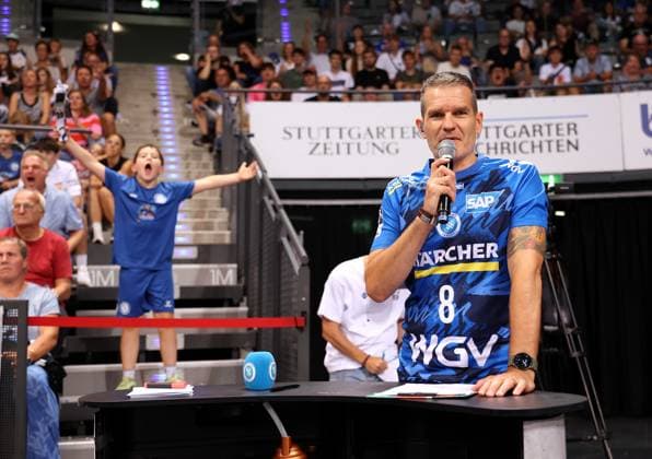 31 08 2025, Germany, Stuttgart, Handball Bundesliga season 2025 2026, TVB Stuttgart vs Hamburger SV, Moderator Hallensprecher Jens Zimmermann