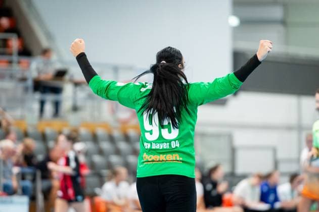 Nela Zuzic Bayer Leverkusen,No 95 celebrates after scoring a goal for her team DEU, Leverkusen 31 08 2025 Handball, 2 Bundesliga Women 2025 2026, 1 Matchday, Bayer 04 Leverkusen VfL Waiblingen