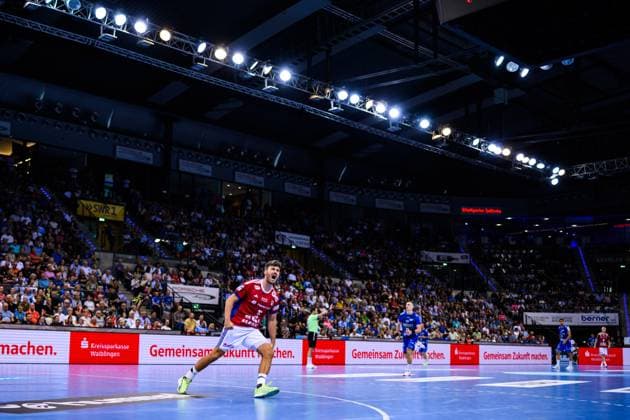 TVB Stuttgart HSV Hamburg Handball 1 Bundesliga, Men, Season 2025 2026, TVB Stuttgart HSV Hamburg, Porsche Arena Hamburgs Jacob Lassen cheers Stuttgart Porsche Arena Baden Württemberg Germany