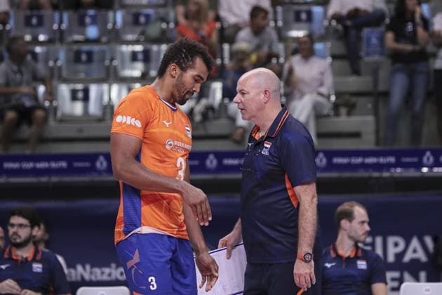 Joel Banks (Coach Dutch national volleyball team) and 3 Michiel Ahyi (Dutch national volleyball team) during 2025 FIPAV Cup Men - Italy vs Holland, International volleyball match in Turin, Italy, August 31 2025  Copyright: xNorbertoxMaccagno IPAxSportx xipa-agency.netx xx IPA_63784780 IPA_Agency_IPA63784780