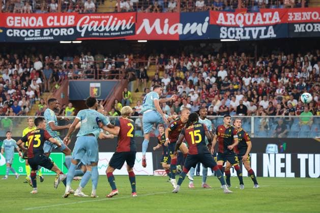 Genoa, Italy, 31st August 2025. Dusan Vlahovic of Juventus scores to give the side a 1-0 lead during the Genoa vs Juventus Serie A match at Luigi Ferraris, Genoa. Picture credit should read: Jonathan Moscrop Sportimage EDITORIAL USE ONLY. No use with unauthorised audio, video, data, fixture lists, club league logos or live services. Online in-match use limited to 120 images, no video emulation. No use in betting, games or single club league player publications. SPI_018_JM_GENOA_JUVE SPI-4105-0018