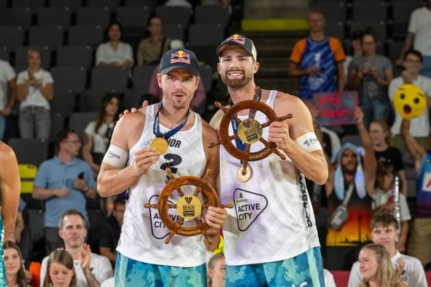 Beach Pro Tour Elite 16 Hamburg, 31 08 2025 Christian Sandlie Sorum Player 2, NOR , Anders Berntsen Mol Player 1 Beach Pro Tour Elite 16 Hamburg on 31 08 2025 Copyright: xBEAUTIFULxSPORTS PeterxWeberx