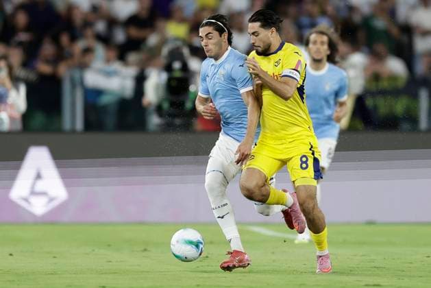 Serie A football match SS Lazio vs Hellas Verona Lazio™s Italian forward Matteo Cancellieri challenges for the ball with Verona s German midfielder Suat Serdar during the Serie A football match SS Lazio vs Hellas Verona at Olimpico Stadium on August 31, 2025, in Rome. _BPH1449 Copyright: xAntonioxBalascox