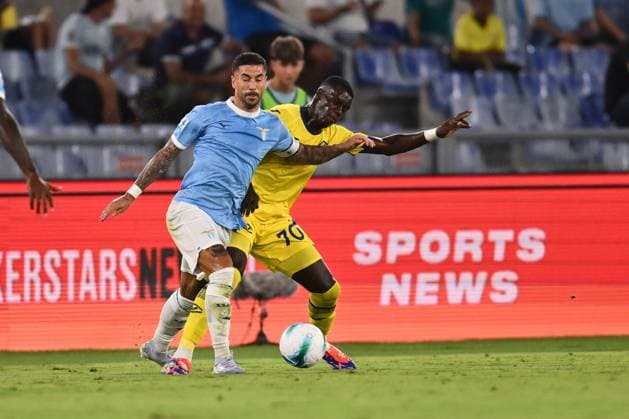 Mattia Zaccagni of S.S. Lazio and Fallou Cham of Hellas Verona F.C. are in action during the 2nd day of the Serie A Championship between S.S. Lazio and Hellas Verona F.C. at the Olympic Stadium on August 31, 2025 in Rome, Italy.  Copyright: xDomenicoxCippitelli IPAxSportx xipa-agency.netx xx IPA_63788775 IPA_Agency_IPA63788775