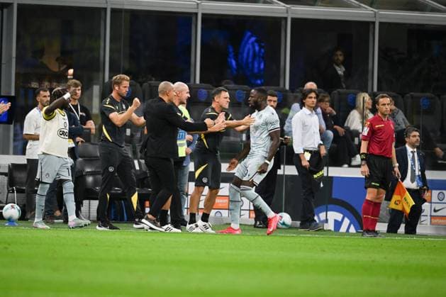 Vakounn Bayo of Udinese Calcio celebrating after a goal during the Italian Serie A football match between Inter FC Internazionale and Udinese Calcio on 31 of August 2025 at Giuseppe Meazza San Siro Siro stadium in Milan, Italy. Photo Tiziano Ballabio  Copyright: xTizianoxBallabio IPAxSportx xipa-agency.netx xx IPA_63788946 IPA_Agency_IPA63788946