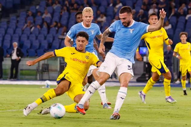 August 31, 2025, Rome, ITALY: (L-R) Hellas Verona s Abdou Harroui and SS Lazio s Mario Gila during the Italian Serie A soccer match between SS Lazio and Hellas Verona at the Olimpico stadium in Rome, Italy 31 August 2025. ANSA FABIO FRUSTACI. Serie A Soccer Match - Lazio Vs Verona  - ZUMAa110 20250831_zaf_a110_068 Copyright: xFabioxFrustacix