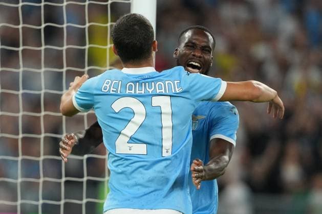 Boulaye Dia of SS Lazio celebrates with Reda Belahyane after scoring the goal of 4-0 during the Serie A 2025 2026 football match between SS Laziio and Hellas Verona at Stadio Olimpico in Roma (Italy), August 31, 2025. antoniettaxbaldassarre