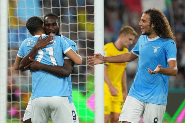 Boulaye Dia of SS Lazio celebrates with Reda Belahyane and Matteo Guendouzi after scoring the goal of 4-0 during the Serie A 2025 2026 football match between SS Laziio and Hellas Verona at Stadio Olimpico in Roma (Italy), August 31, 2025. antoniettaxbaldassarre