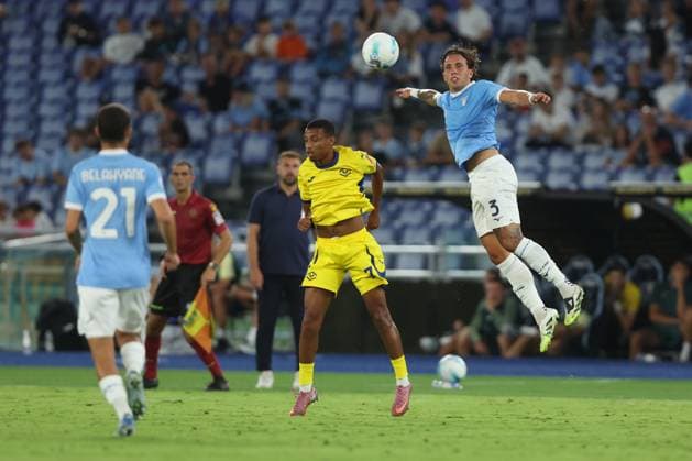 Football: Serie A Enilive 2025-2026 match SS Lazio vs Hellas Verona. Rome, Italy 31 August, 2025: Mathis Lambourde of Verona, Luca Pellegrini of Lazio seen in action during the Serie A Enilive 2025-2026, day 2, football match between SS Lazio and Hellas Verona at Olympic Stadium. rome olympic stadium italy italy Copyright: xmarcoxiacobucci
