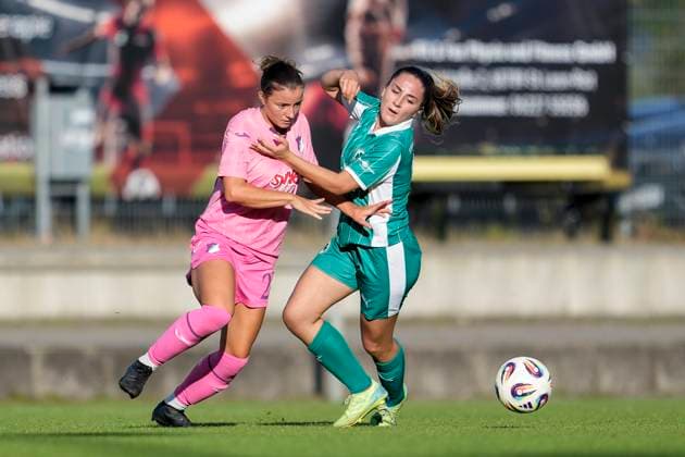 v li Zoe Abegg TSG II, 20 , Aurora Tornaquindici Fürth, 16 , duel, duel, tackle, tackling, dynamics, action, action, 31 08 2025, St Leon Rot Germany , Football, Women, Regionalliga Süd, TSG 1899 Hoffenheim U20 SpVgg Greuther Fürth, 31 08 2025, St Leon Rot Germany , Soccer, Women, Regionalliga Süd, TSG 1899 Hoffenheim U20 SpVgg Greuther Fürth, DFB DFL REGULATIONS PROHIBIT ANY USE OF PHOTOGRAPHS AS IMAGE SEQUENCES AND OR QUASI VIDEO xozx