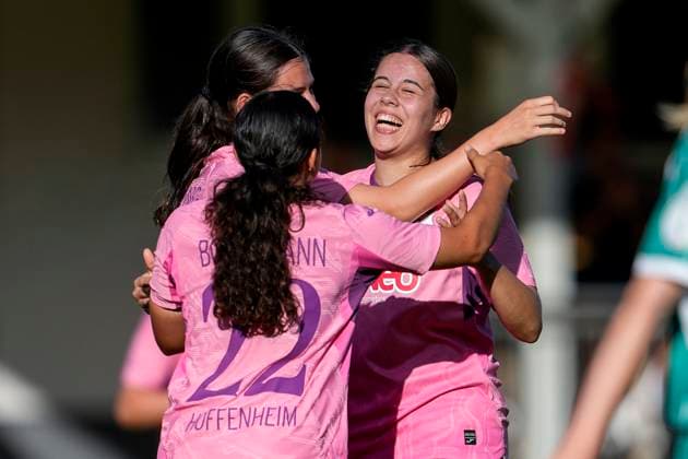 from left Victoria Säring TSG II, 27 , Jasmin Bornemann TSG II, 22 , goal scorer Marlen Helmstetter TSG II, 3 , players of TSG 1899 Hoffenheim II U20 , celebrate the goal to 3 0, cheer, goal celebration, celebrate the goal, goal, celebration, cheers about the goal, rejoicing, joy, rejoices, optimistic, positive, game scene, highlight, Action, Action, 31 08 2025, St Leon Rot Germany , Soccer, Women, Regionalliga Süd, TSG 1899 Hoffenheim U20 SpVgg Greuther Fürth, 31 08 2025, St Leon Rot Germany , Soccer, Women, Regionalliga Süd, TSG 1899 Hoffenheim U20 SpVgg Greuther Fürth, DFB DFL REGULATIONS PROHIBIT ANY USE OF PHOTOGRAPHS AS IMAGE SEQUENCES AND OR QUASI VIDEO xozx